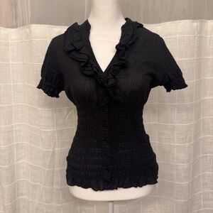 Pretty Good Black Ruffle V-Neck Smocked Waist Short Sleeve Blouse Top